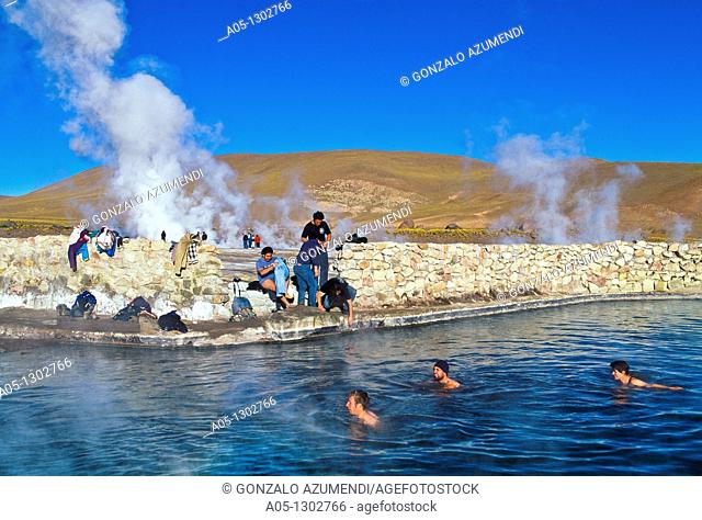 People bathing at the Tatio Geisers, Atacama Desert, Region of Antofagasta, North of Chile