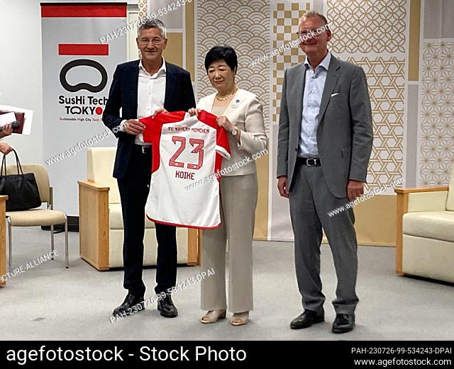 26 July 2023, Japan, Tokio: Reception of the FC Bayern München delegation with President Herbert Hainer (l.) and Vice President Dieter Mayer (r