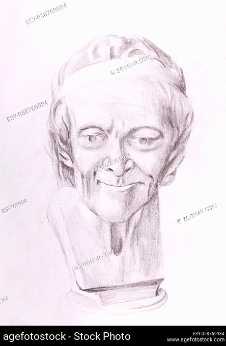 drawing of philosopher voltaire sculpture on abstract background