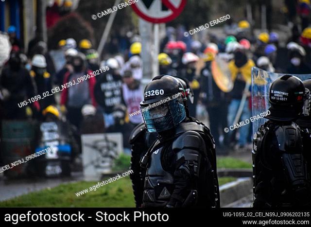 Colombia's riot police (ESMAD) during clashes as demonstrations escalate to unrest and clashes between demonstrators and Colombia's riot police admist...