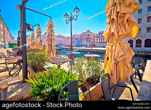 Ponte Rosso channel in Trieste italian cafe view, city in Friuli Venezia Giulia region of Italy