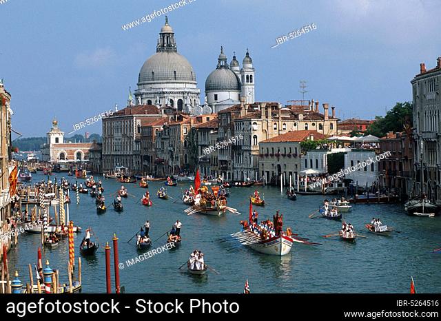 Historical Regatta 'Regatta Storica', Gondolas on Grand Canal and Church of Santa Maria della Salute, Venice, Italy, Europe