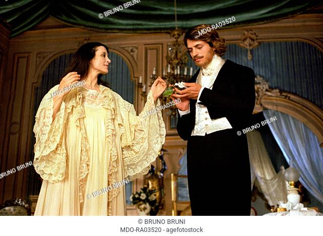 Itallian ballerina Carla Fracci and Italian actor Fabrizio Bentivoglio talking in The Lady of the Camellias. Italy, 1981