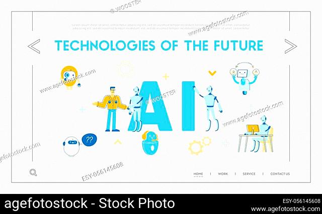 Artificial Intelligence Website Landing Page. Robots Help Human Working in Office, Making Text Translation, Answering Questions Online, Ai Web Page Banner