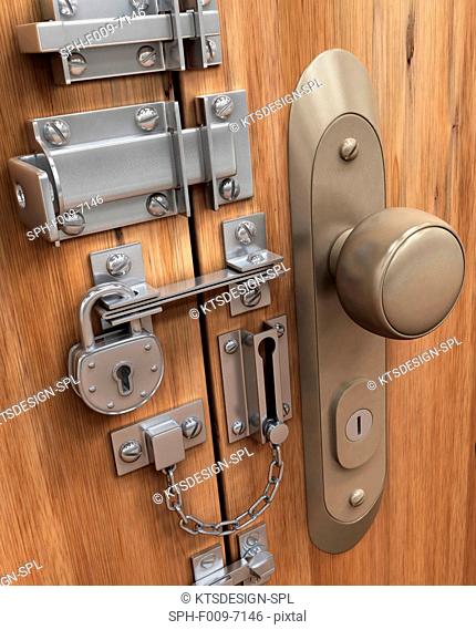 Door with various locks, conceptual artwork