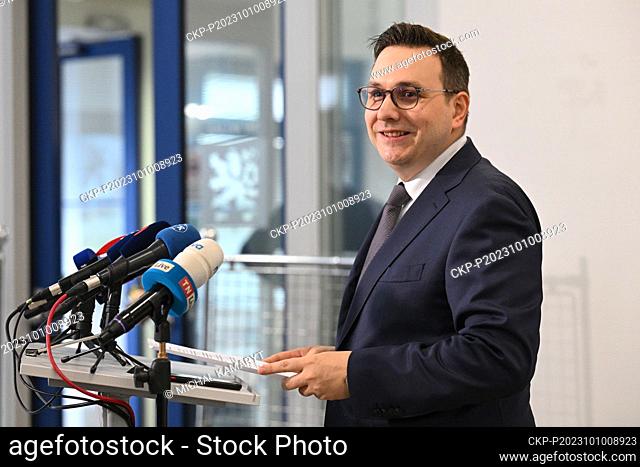 Czech Foreign Affairs Minister Jan Lipavsky gives press briefing before leaving for Muscat, Oman, to take part in two-day meeting of ministers of countries of...