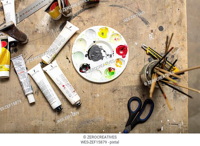 Painting tools at art studio