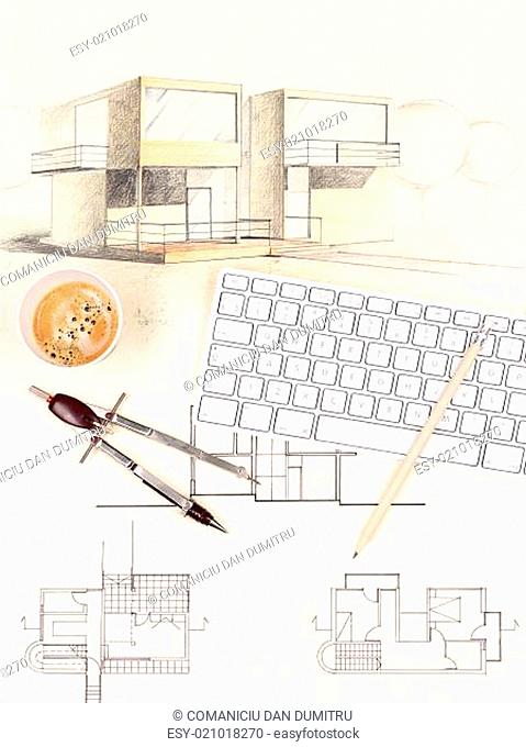 house sketch, coffee, pencil, keyboard and compasses