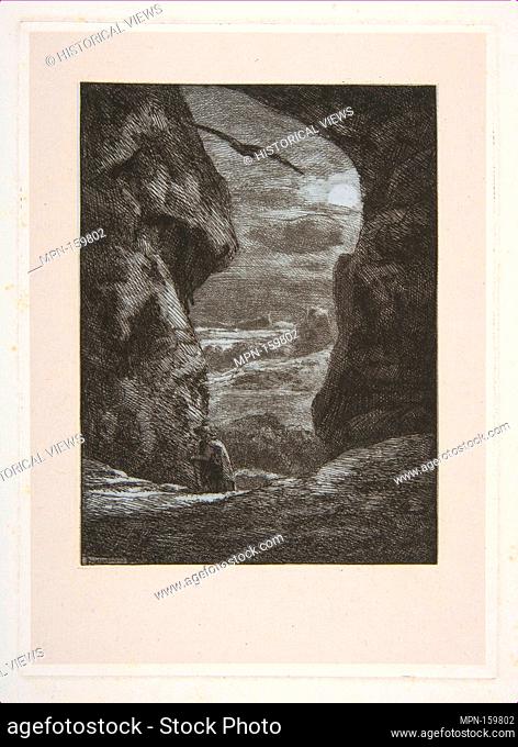 A peasant traversing a dark and rocky gorge in the moonlight, From Titres de Romance. Artist: Félix Bracquemond (French, Paris 1833-1914 Sèvres); Printer:...
