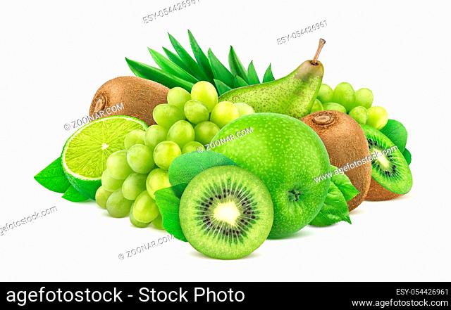 Heap of green fruits and berries isolated on white background with clipping path