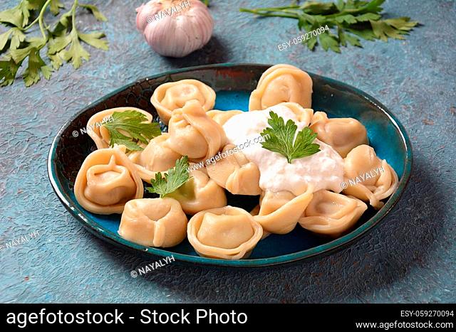 Homemade Meat Dumplings served with sour cream and fresh parsley on plate. Traditional Russian food- pelmeni, ravioli