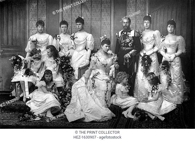 The Duke and Duchess of York and bridesmaids, 1893. Featured are Princess Alexandra of Edinburgh, Princess Victoria of Schleswig-Holsteun