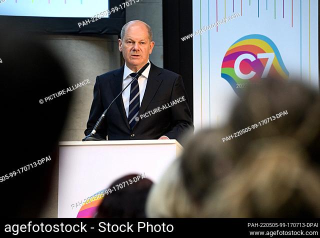 05 May 2022, Berlin: German Chancellor Olaf Scholz (SPD) speaks at the international ""C7"" conference before being presented with a communiqué containing...