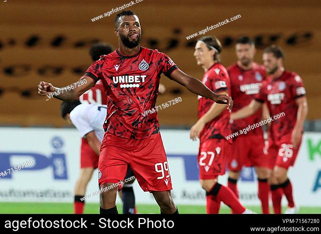 Club's Igor Thiago celebrates after the return game between Danish AGF Aarhus and Belgian soccer team Club Brugge, in the second qualifying round of the UEFA...