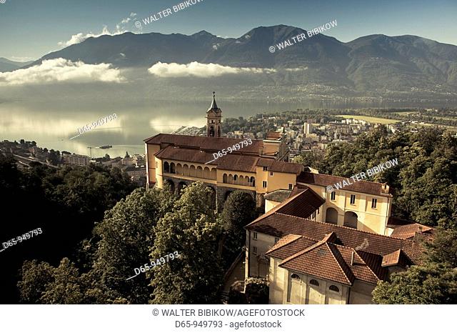 Switzerland, Ticino, Lake Maggiore, Locarno, Madonna del Sasso church, morning