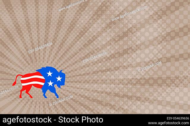 Business Card showing Illustration of an american bison buffalo bull with american stars and stripes flag as part of the body and head viewed from the side set...