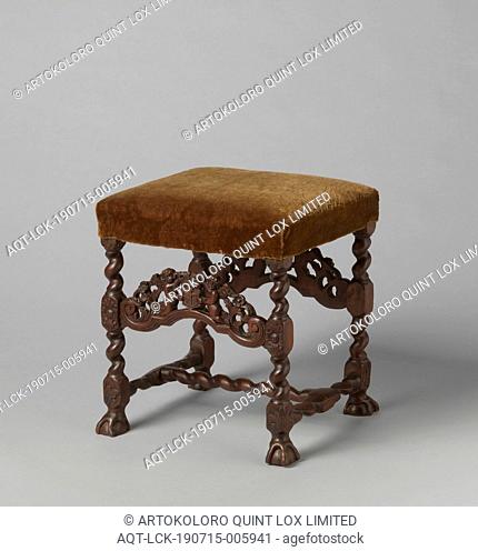Taburette of walnut covered with petit point, The twisted legs end in claw-clasped balls and are connected laterally by twisted posts