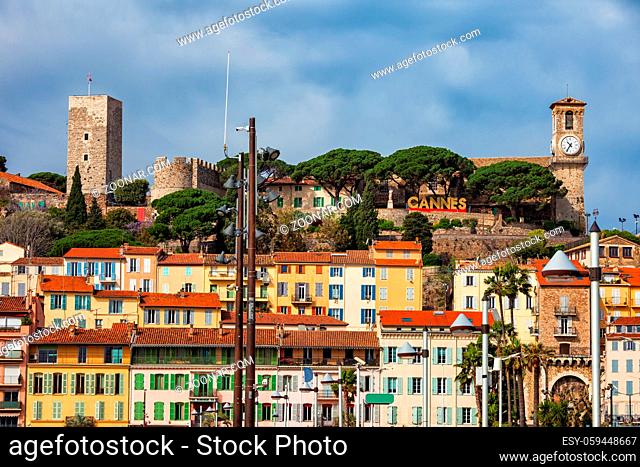 Cannes city skyline, houses in the Old Town - Le Suquet, French Riviera, France