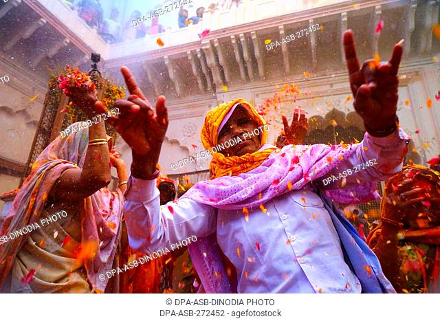 Widows dancing celebrating Holi festival,  Gopinath temple, Uttar Pradesh, India, Asia