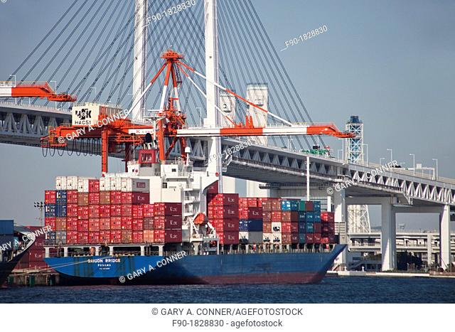 Crane loads containers-bridge-port-Yokohama-Japan