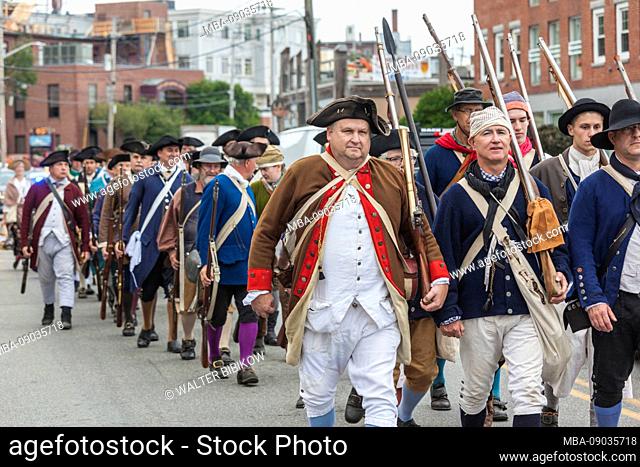 USA, New England, Massachusetts, Cape Ann, Gloucester, re-enactors of the Battle of Gloucester, August 8-9, 1775, battle convinced the Americans of the need of...