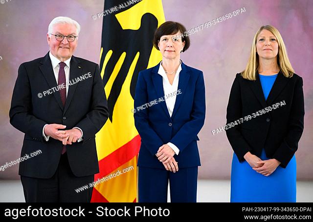 17 April 2023, Berlin: Federal President Frank-Walter Steinmeier (l-r), the previous judge of the Federal Constitutional Court, Gabriele Britz