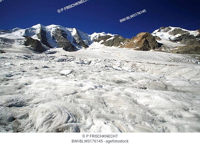 view from the Pers Glacier Vadret Pers on Piz Palue, Bellavista and Piz Bernina, Switzerland, Graubuenden, Engadine, Bernina-Diavolezza