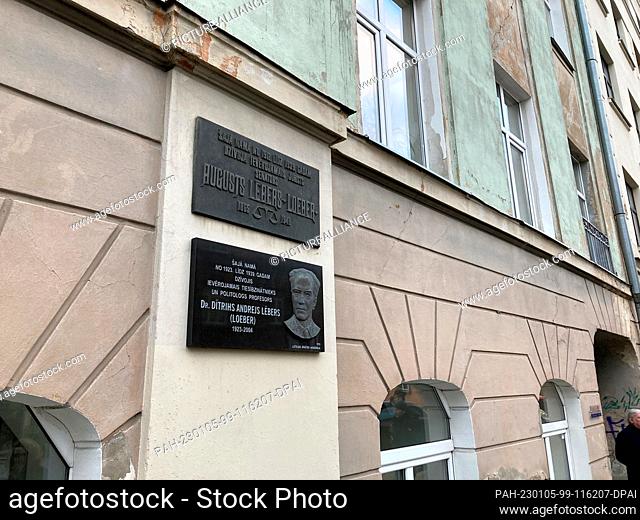 04 January 2023, Latvia, Riga: Birthplace of Dietrich Loeber (1923-2004) with memorial plaques for him and his father August Loeber