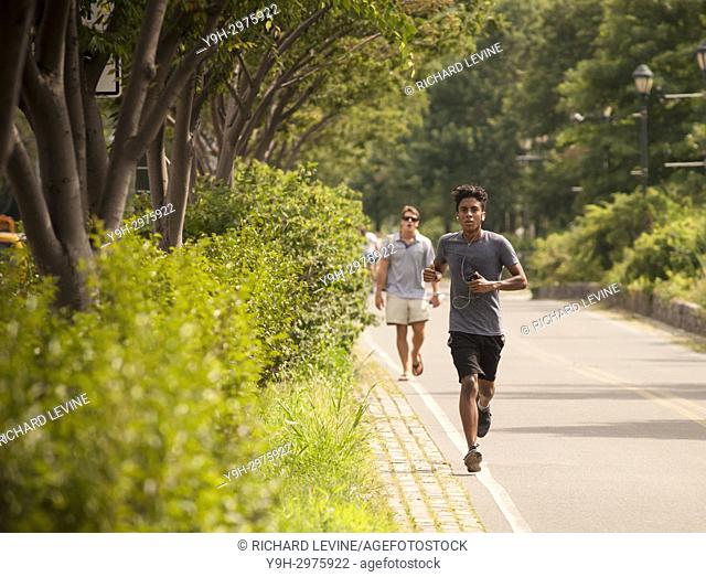 Runners and cyclists in Hudson River Park in Chelsea in New York during the season's third heat wave on Friday, July 21, 2017