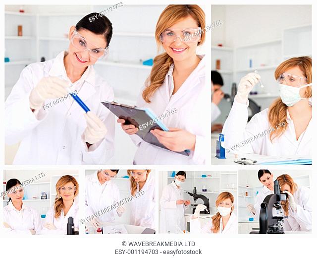 Collage of two female scientists doing experiments in a lab