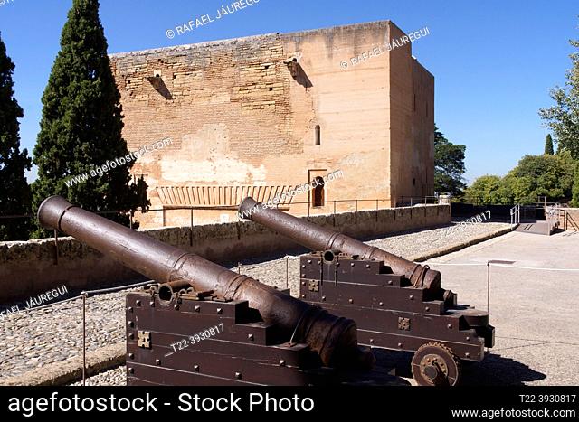 Granada (Spain). Cannons next to the Puerta de la Justicia in the walled area of the Alhambra in Granada