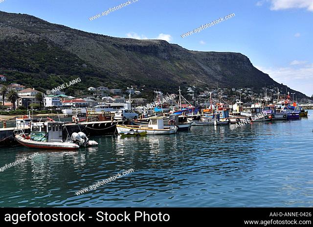 Fishing boats and other boats moored at Kalk Bay harbour in Cape Town, Western Cape; South Africa