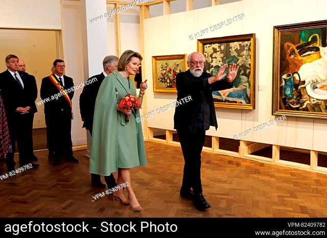 Flemish Minister President Jan Jambon, Oostende mayor Bart Tommelein and Queen Mathilde of Belgium pictured during a royal visit to the exhibition 'Rose, Rose