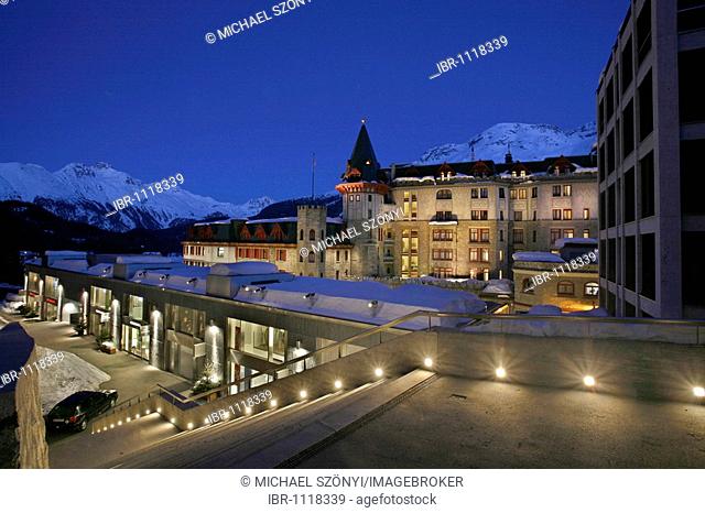 Hotel Palace in the evening, St. Moritz, Oberengadin, Graubuenden, Switzerland