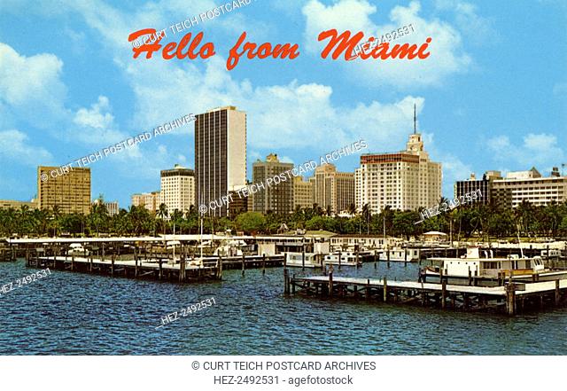 Bicayne Bay The Magic City Miami Florida Boat Skyline --- Postcard Causeway 