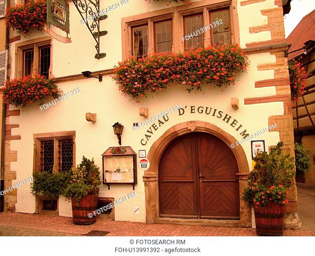 France, Europe, Alsace, Eguisheim, Haut-Rhin, L'Alsace Wine Region, Route du Vin, downtown, Caveau D'Eguisheim, wooden arched door