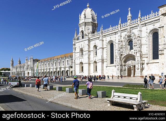 Lisbon, Portugal. The facade of the Mosteiro dos Jeronimos/ Monastery of the Hieronymites. The monastery is considered a triumph of Manueline architecture and...
