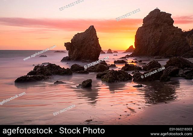 Sunset at El Matador State Beach in Malibu, California, off the Pacific Coast Highway (SR 1)