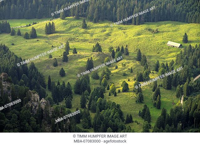 Germany, Bavaria, Bavarian Alpine Foreland, Lenggries, view from the Benediktenwand (mountain) to the alpine landscape below
