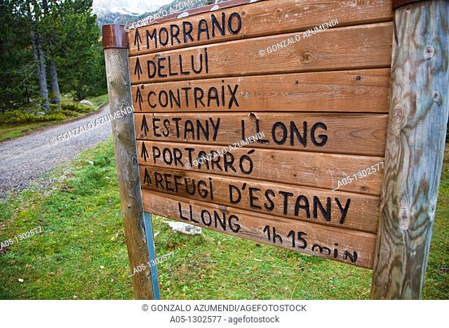 Information sign  Aiguestortes area. Aigüestortes i Estany de Sant Maurici National Park, Pyrenees Mountains, Boi-Taull Valley