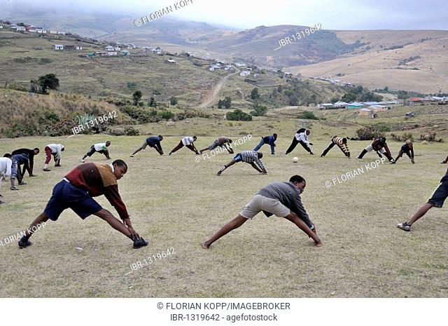 Football project with youths, warm-up training, Cata-Village in the former homeland of Ciskei, Eastern Cape, South Africa, Africa