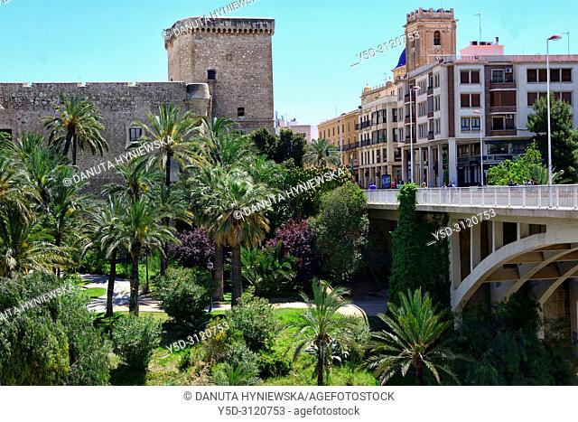 On left Altamira Palace, also known as Alcázar de la Señoría, MAHE - Elche Archaeological and History Museum now, in front - Palmeral - date palm orchards -...