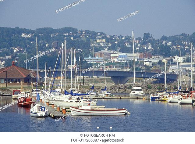 Gaspe Peninsula, Gaspe, Quebec, Canada, Gulf of St. Lawrence, Boats docked in a marina along the Gulf of St. Lawrence in Gaspe on the Gaspe Peninsula