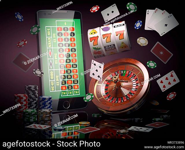 Online casino concept. Mobile phone, roulette with casino chips, slot machine and cards. 3d illustration