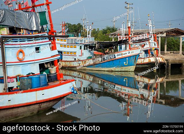 a fishingboat Harbour on the Gulf of Thailand in the Ban Laem District near the city of Phetchaburi or Phetburi in the province of Phetchaburi in Thailand