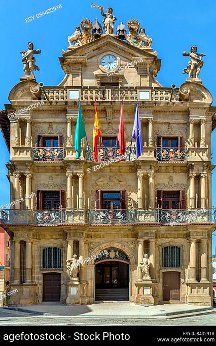 Pamplona City Hall is in the heart of the Old Quarter of the city, Spain. Facade