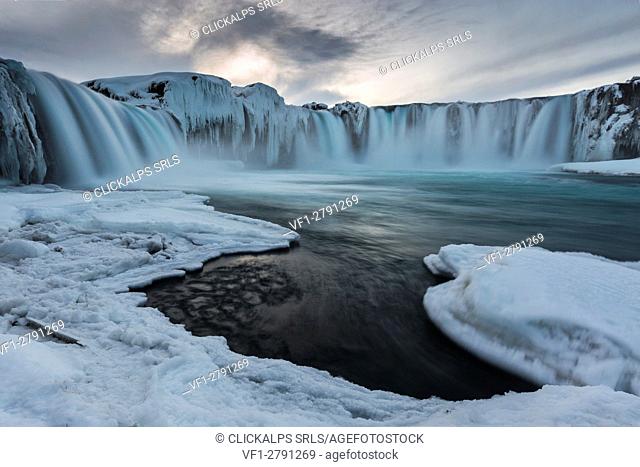 Gullfoss waterfall in norther Iceland near Akureyri after the sunset, during the blue hour in a cold winter evening
