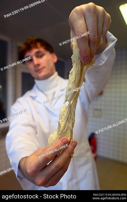 19 January 2023, Saxony-Anhalt, Bernburg: Ecotrophology student Finn Spielmann tests legume dough in the Technical Center for Food Preparation at Anhalt...