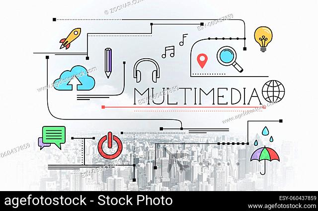 Multimedia content linear sketch on background of modern cityscape. Strategy planning and analysis. Mind map of online media streaming and production