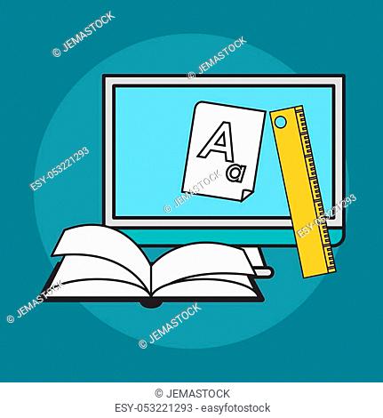 computer with books and ruler tool over blue background. colorful design. vector illustration